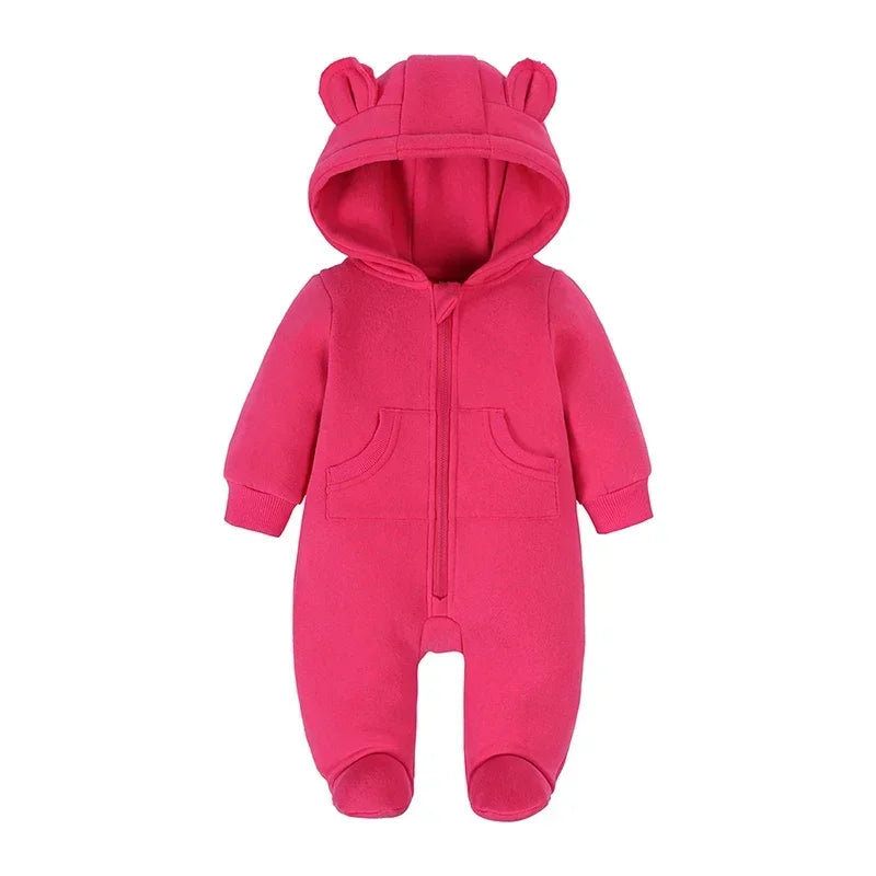 Winter Warm Newborn Romper 0-24M Hooded Bear Pocket Bodysuit Korean Style Unisex