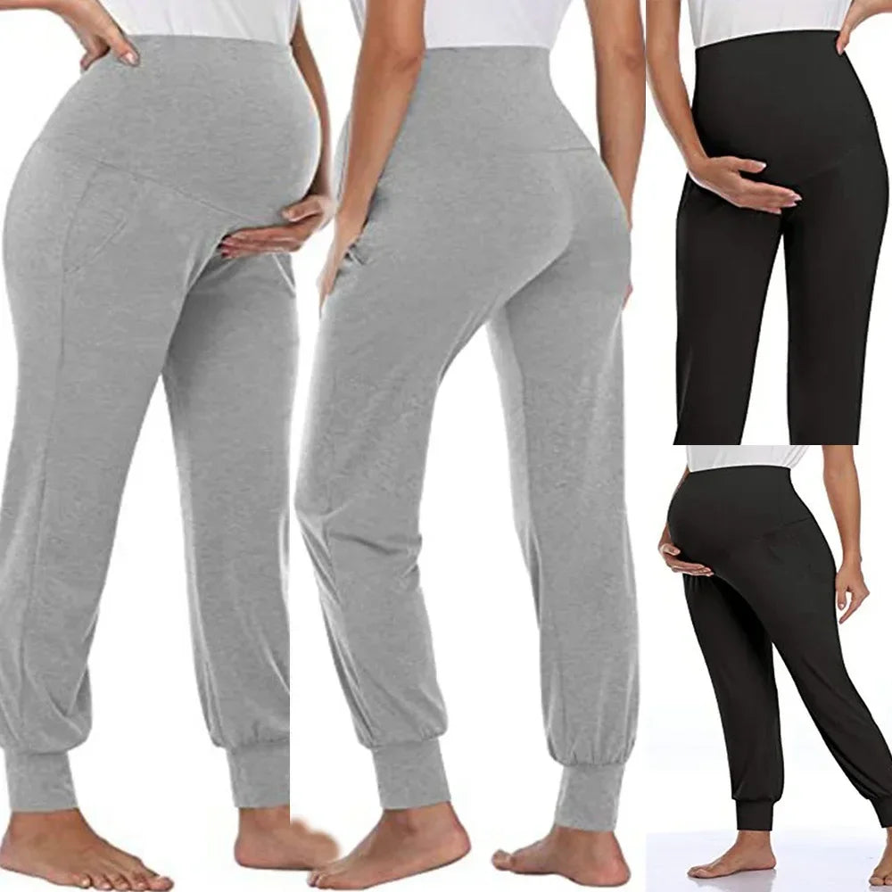 Spring Maternity High Waist Stretch Joggers For Pregnant Women With Pockets