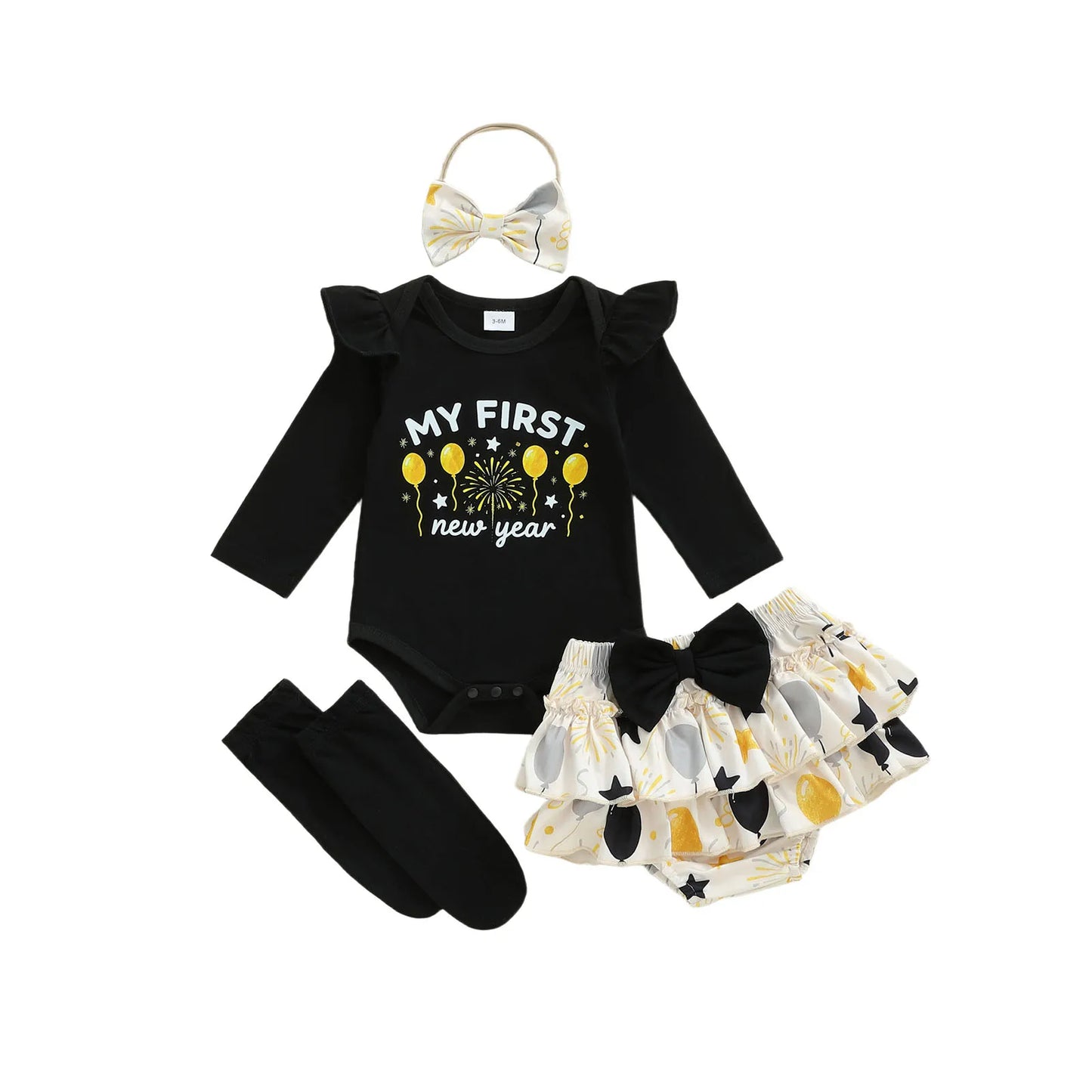 Adorable Baby Girl New Year Jumpsuit Set With Balloon Letter Print Headband