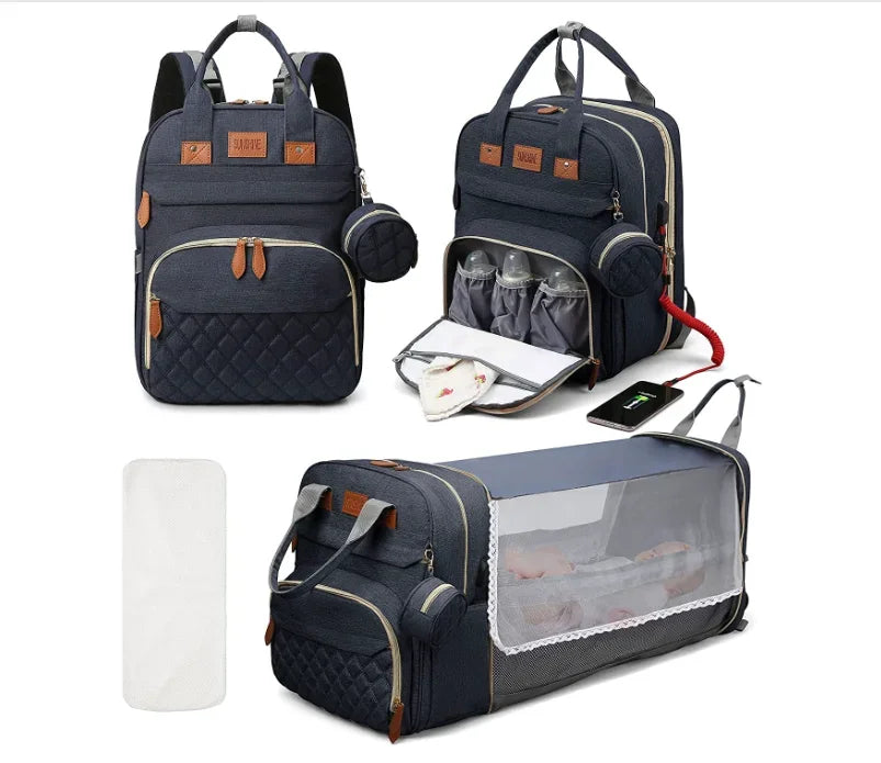 3 In 1 Diaper Bag Backpack Foldable Baby Bed Waterproof USB