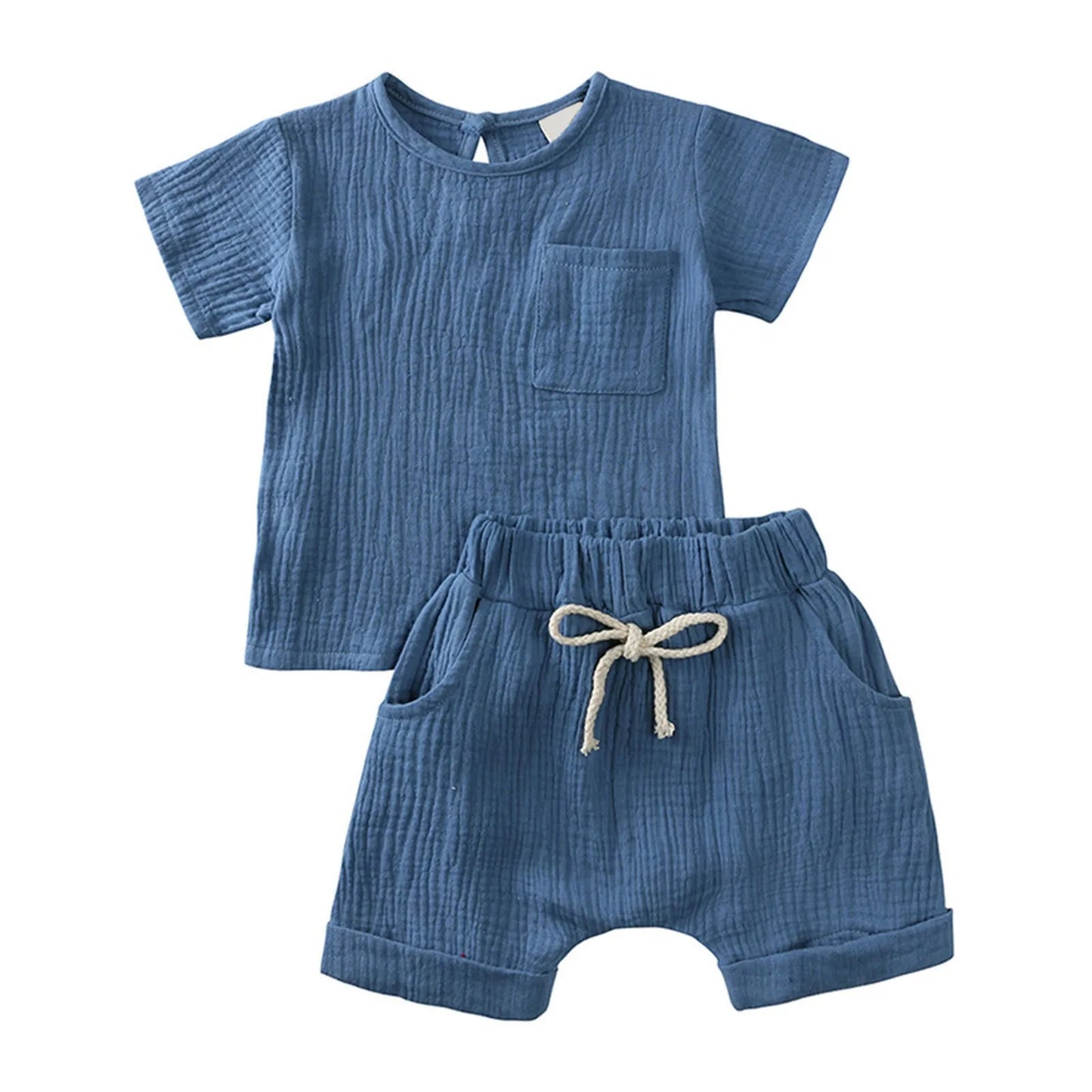 Kids Summer Outfit Set Short Sleeve Top And Shorts Solid Color Polyester