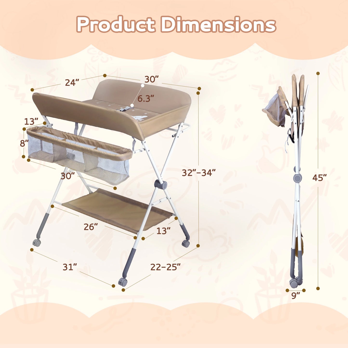 Portable Baby Changing Table With Wheels Foldable Changing Station Waterproof Height Adjustable Changing Table