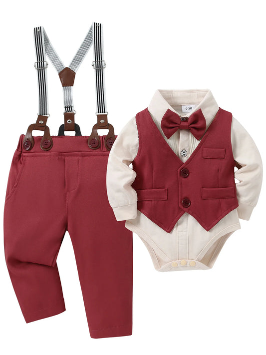 Baby Boy Wedding Outfit Set 0-18 Months Dress Shirt Vest Suspender Pants Bow Tie