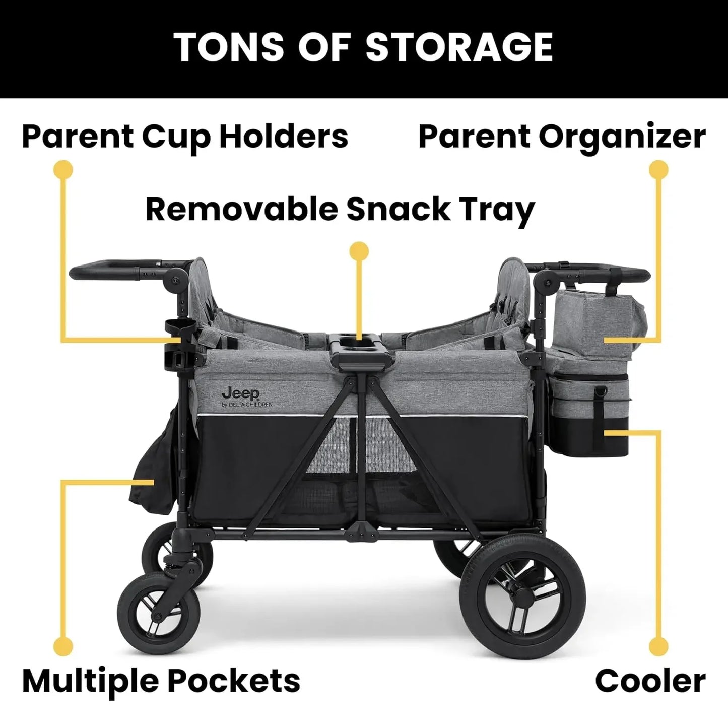Deluxe 4 Seater Stroller Wagon Premium Quad Stroller for 4 Kids with Convertible Seats Adjustable Push Pull Handles Removable Canopy Flat Fold Grey