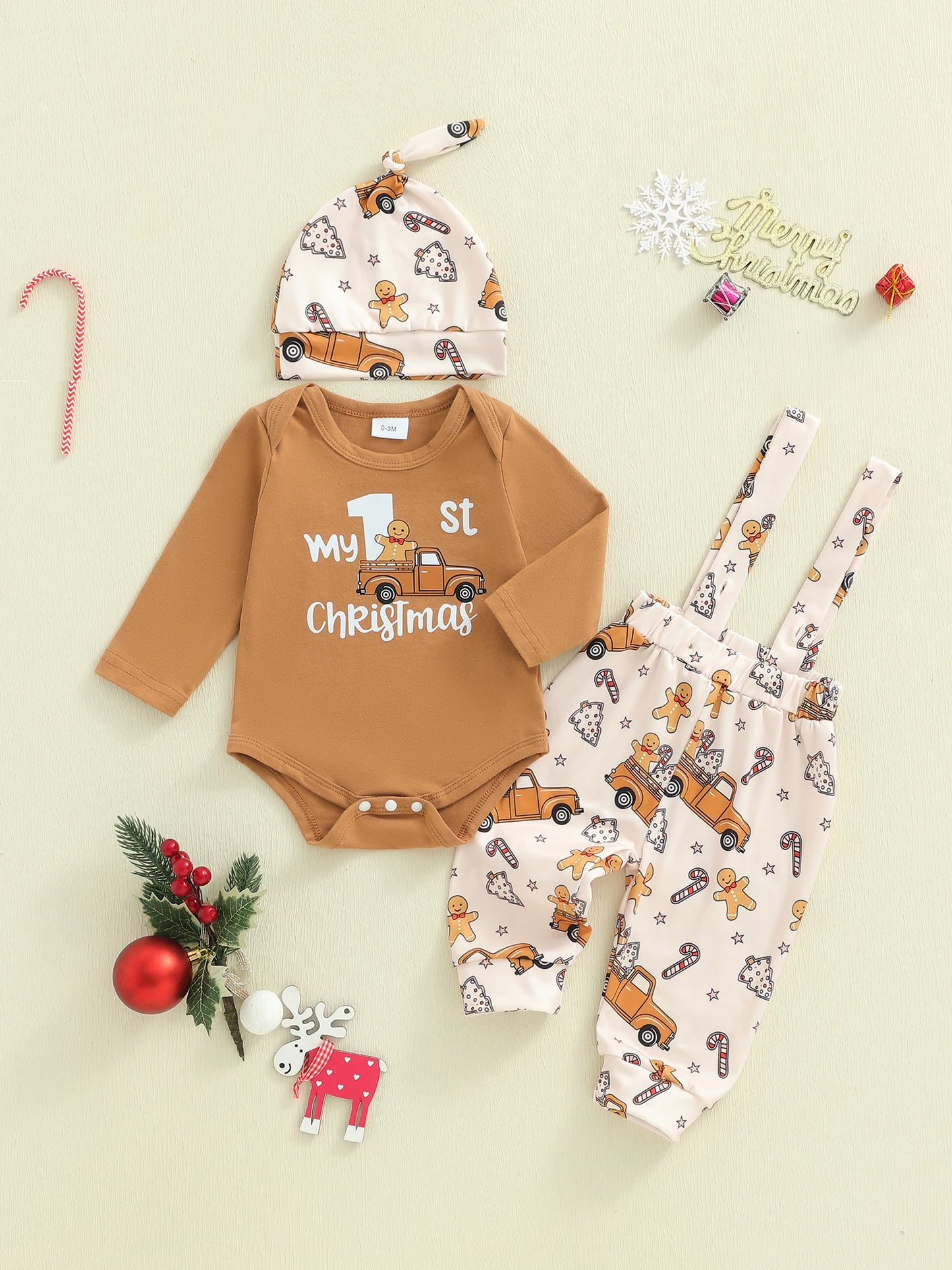 Baby Boy Christmas Two Piece Outfit Bodysuit Reindeer Snowflake Print Headband
