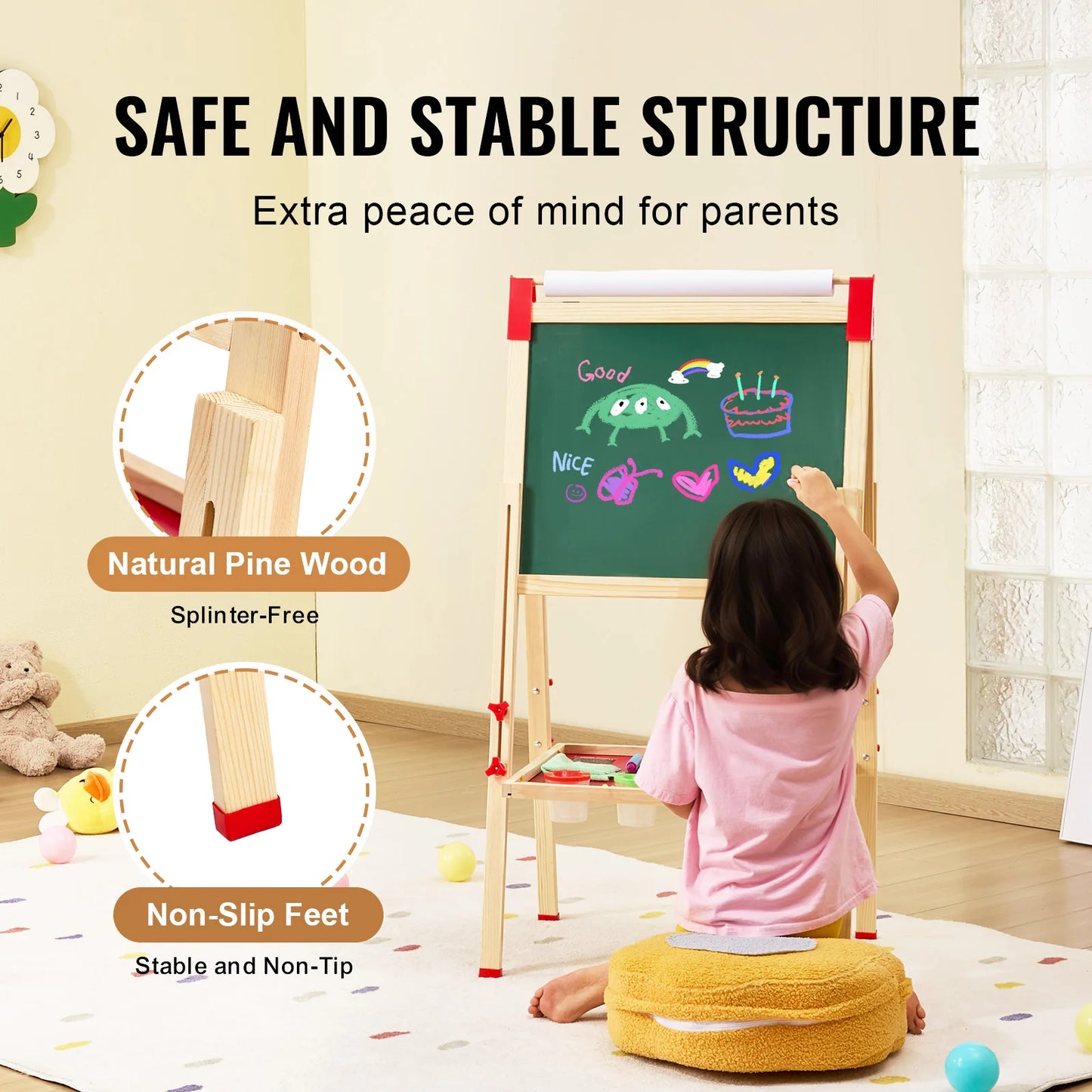 Vevor Children Magnetic Drawing Board Wooden Double-Sided Kids Art Easel with Whiteboard and Chalkboard for Boys and Girls Gifts Toys