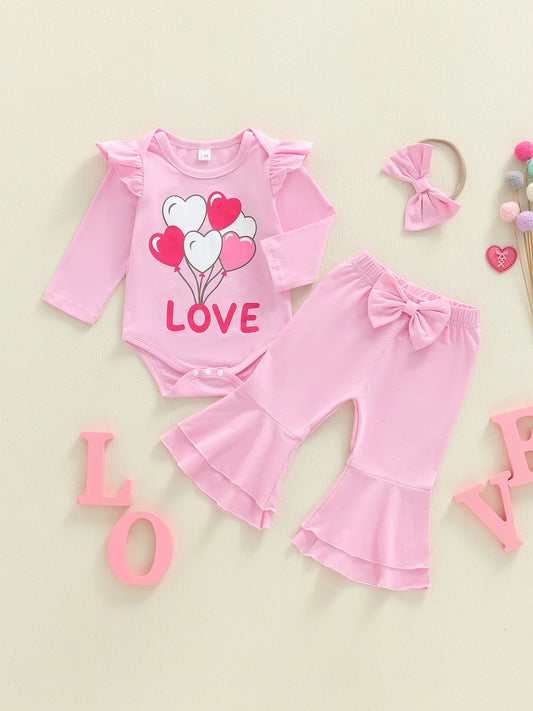 Toddler Girls 3 Piece Outfit Set Floral Print Romper Bell Bottoms Headband