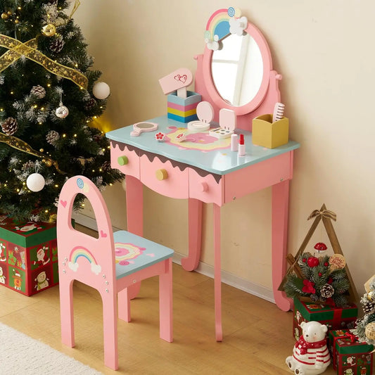 Kids Vanity Table and Chair Set Princess Dressing Table with Makeup Accessories