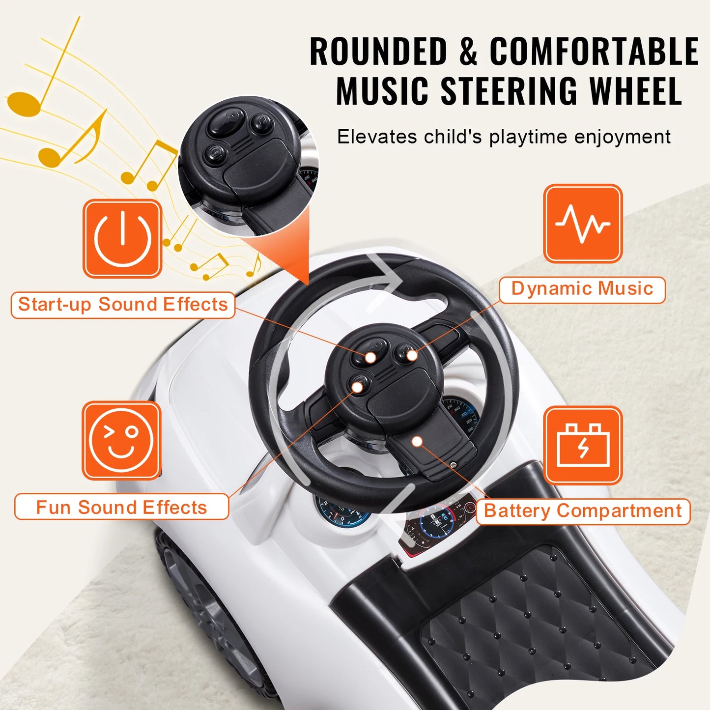 SucceBuy White Pink Ride On Push Car For Toddlers With Music Steering Wheel