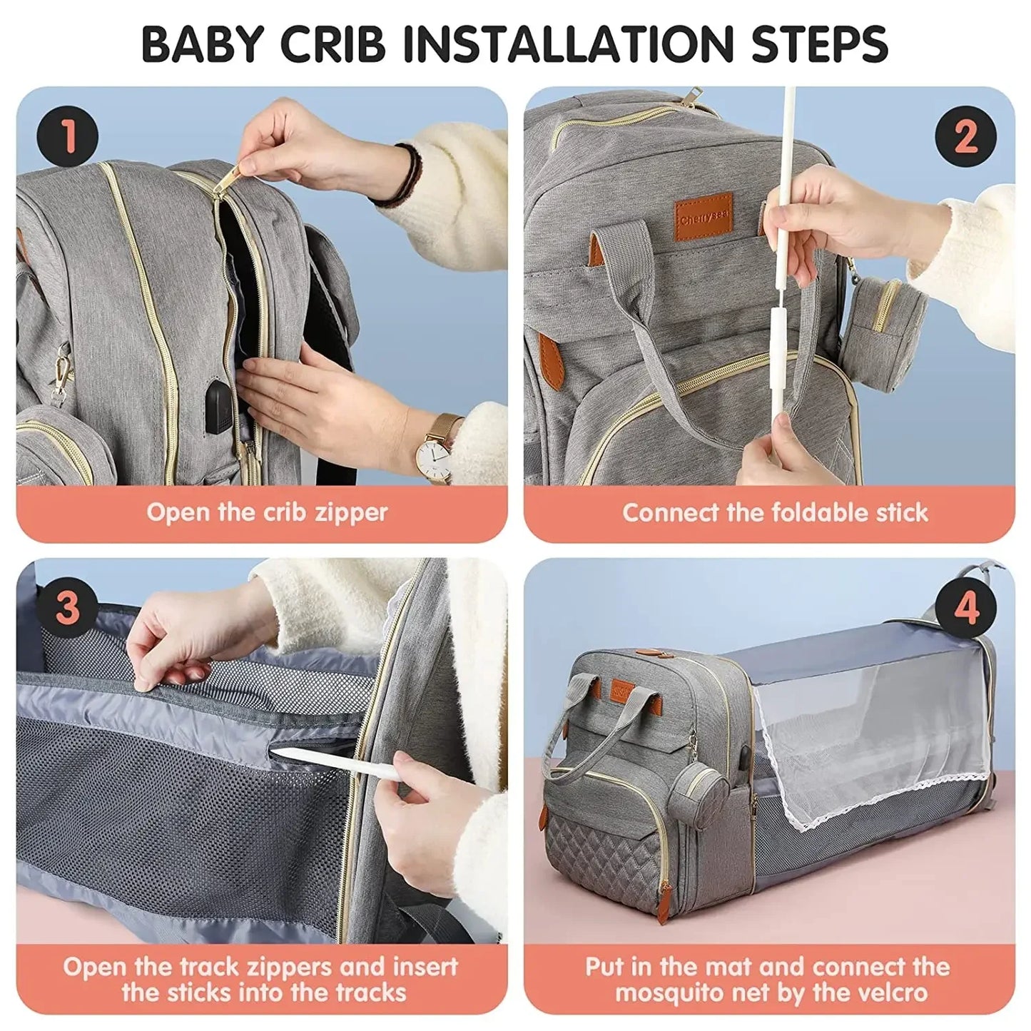 3 In 1 Diaper Bag Backpack Foldable Baby Bed Waterproof USB