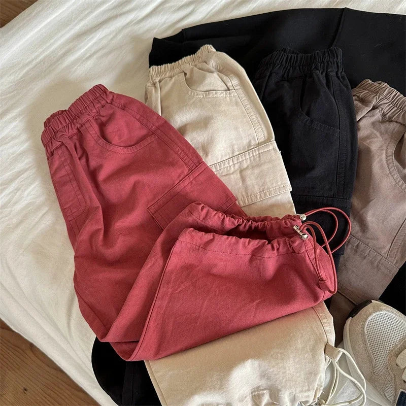 Unisex Kids Cargo Ankle Pants Cotton Loose Fit With Pockets