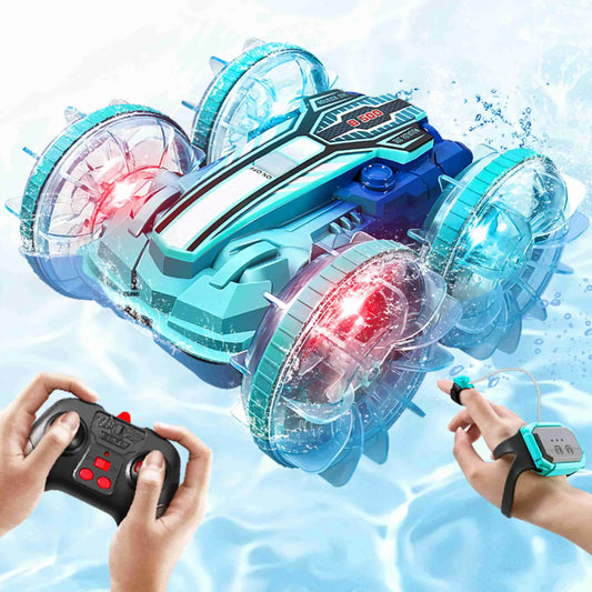 Remote Control Car Boat Gesture Sensing Waterproof Stunt 4WD All Terrain Beach Pool Toy with LED Lights for Boys