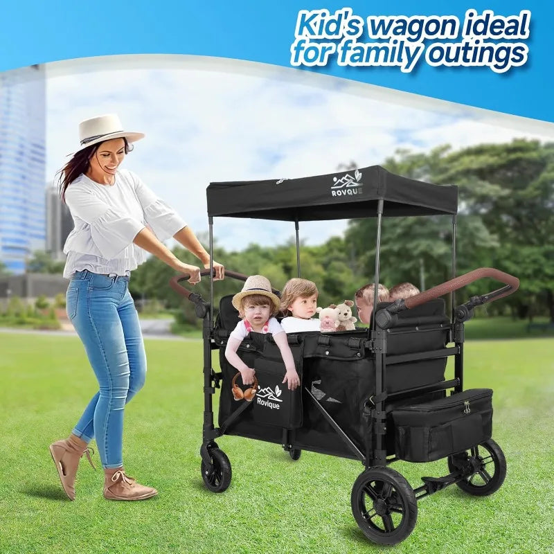 4 Seater Wagon Stroller Foldable All Terrain Quad Wagon Canopy Detachable Tray