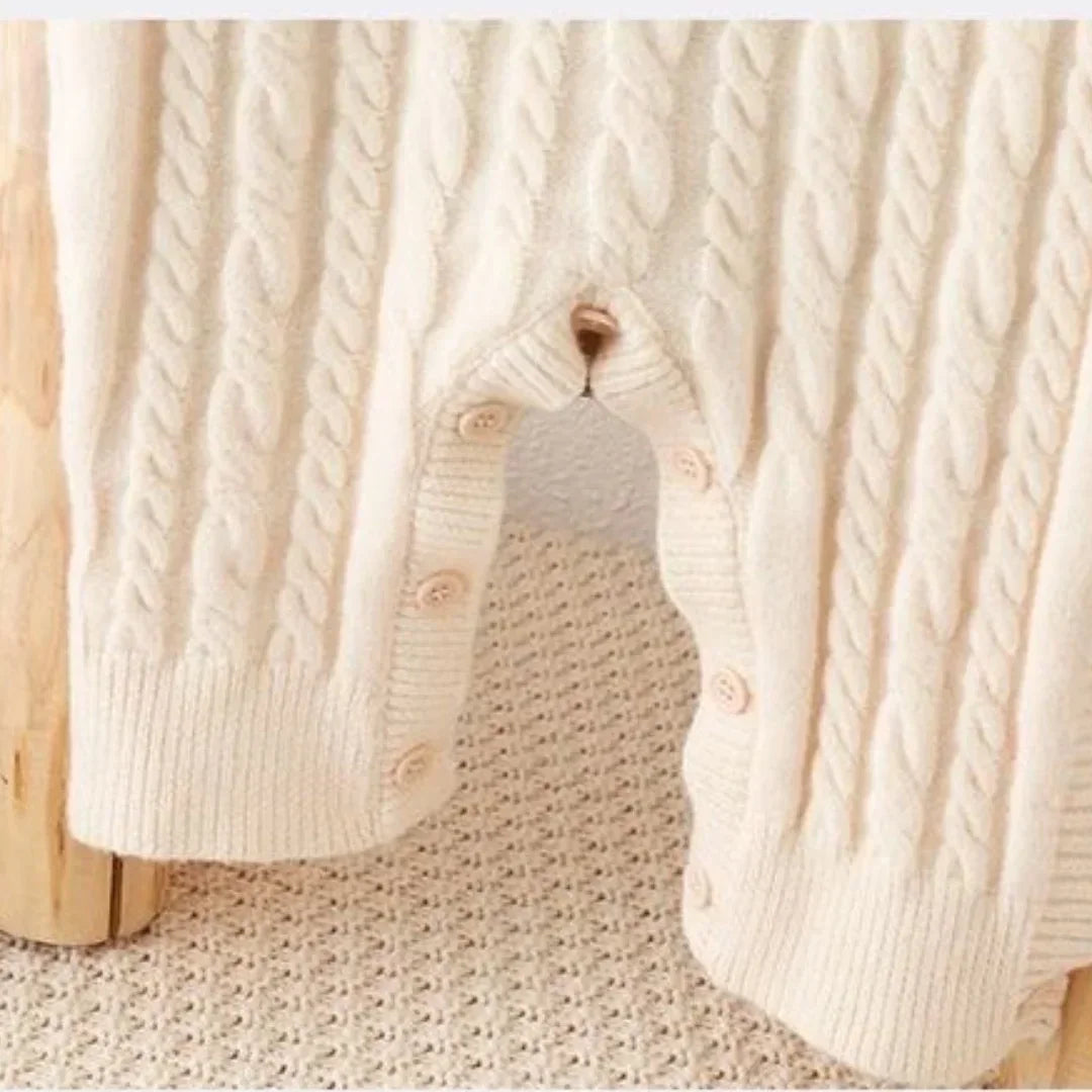 0 To 24M Unisex Baby Cable Knit Romper Warm Elastic Cuff Side Button Autumn