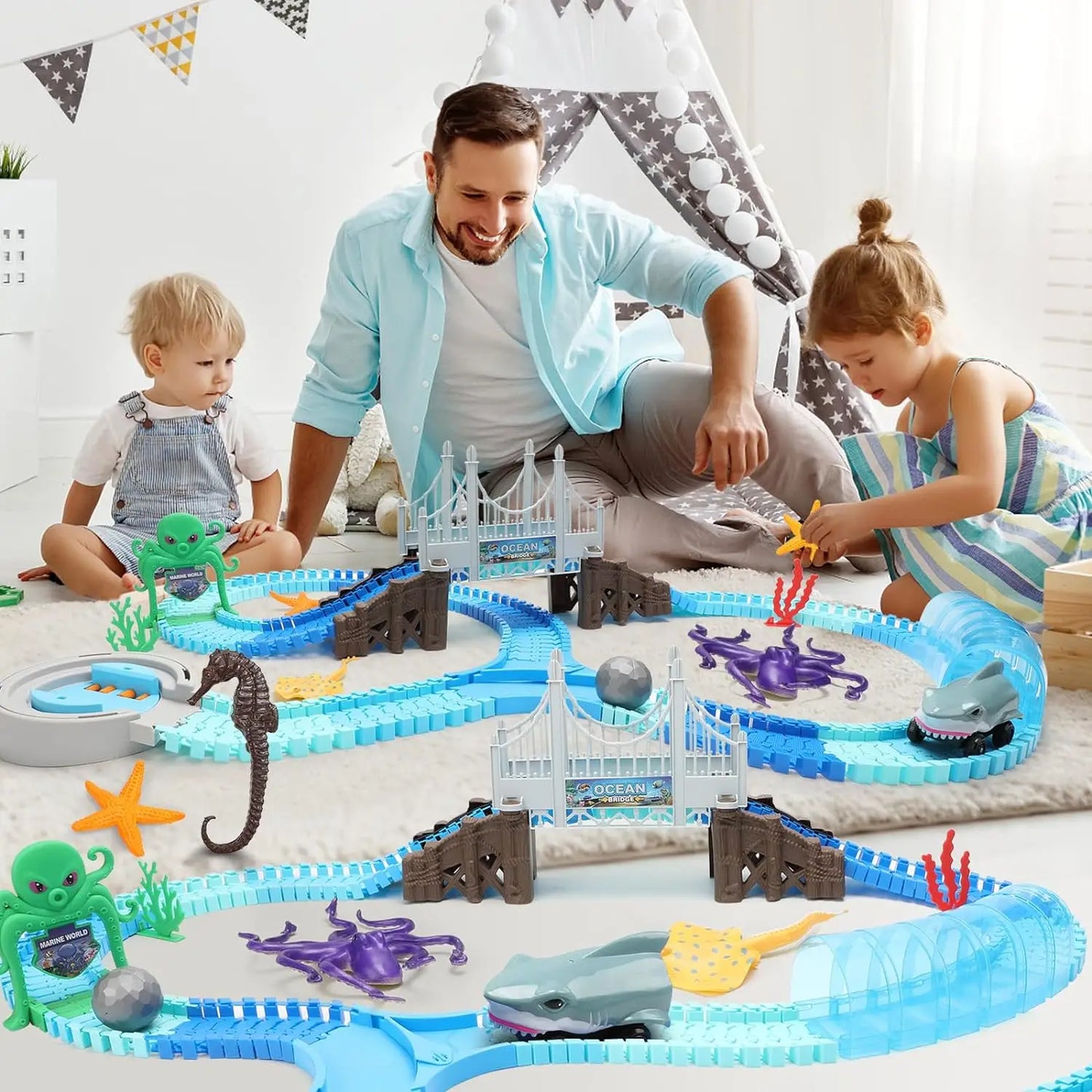 VATOS Shark Race Car Toy Bendable Racetrack For Kids Ages 3 And Up Ocean STEM