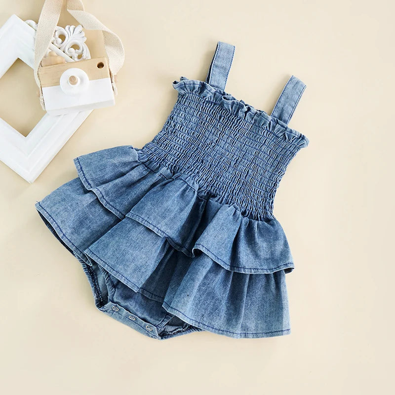 Summer Baby Girl Sleeveless Denim Romper with Suspenders Pleated Ruffle Hem
