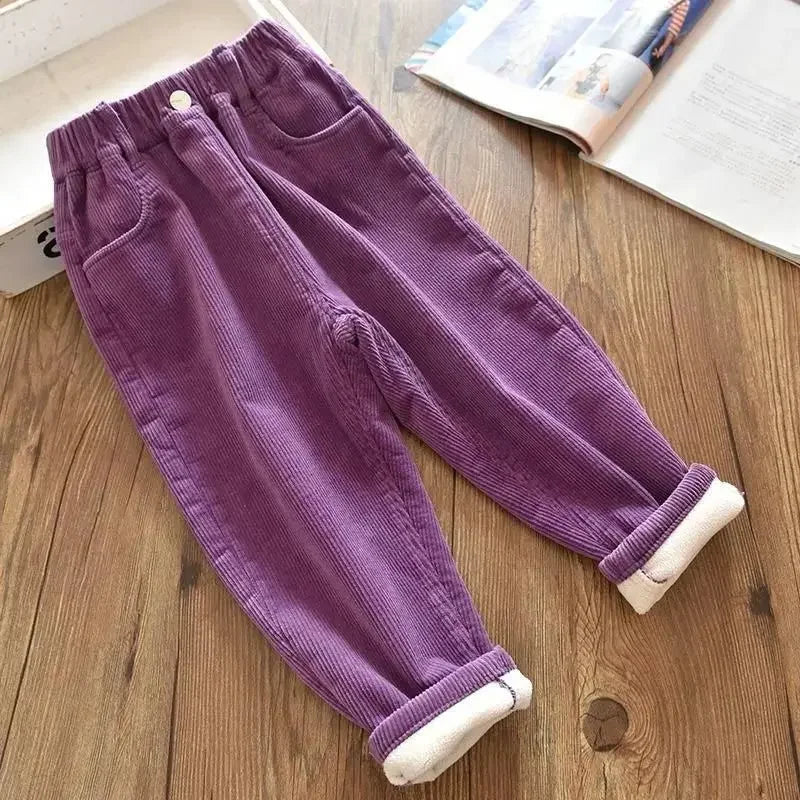 Kids Corduroy Warm Pants For Autumn Winter Unisex High Waist 1 To 9 Years