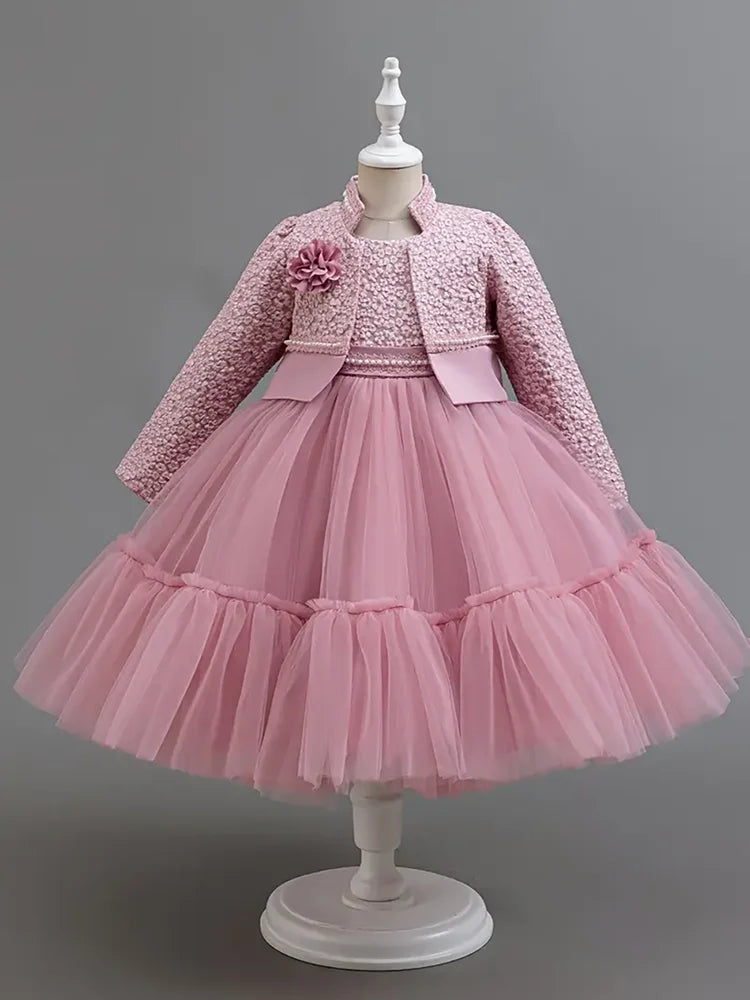 Girls Dress Set Khaki Lotus Lace Spring Autumn 2024 Fashion Princess Outfit