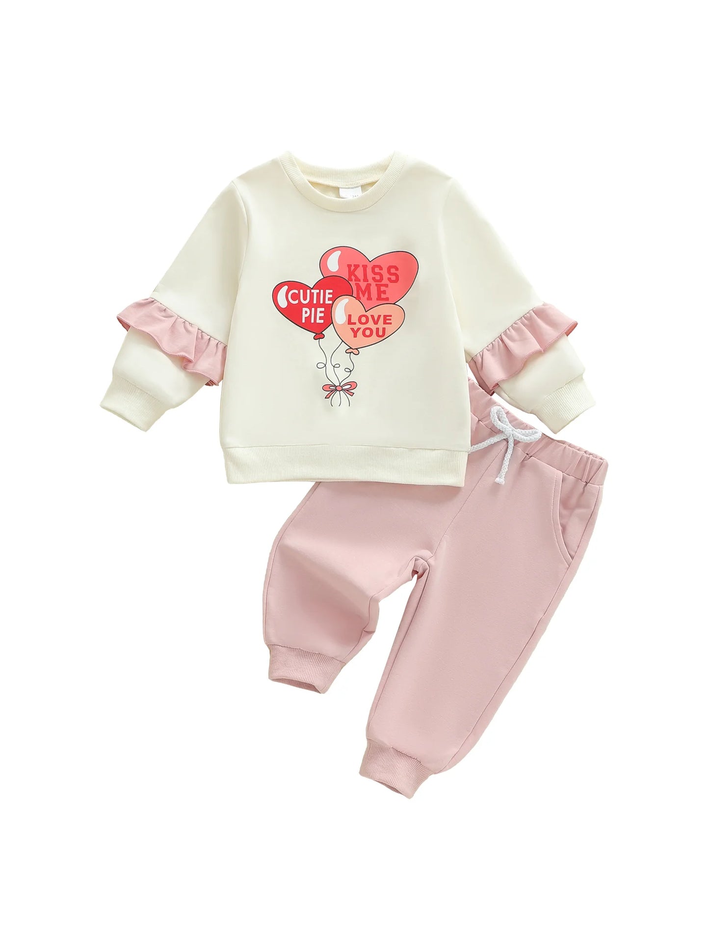 Valentine's Day Toddler Girl Heart Print Long Sleeve Sweatshirt Pants Set