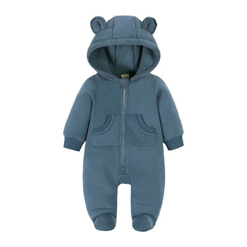 Winter Warm Newborn Romper 0-24M Hooded Bear Pocket Bodysuit Korean Style Unisex
