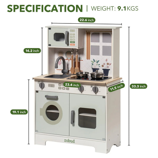 Robotime Robud Wooden Play Kitchen Set with Lights and Sounds for Kids Ages 3 Plus Light Green