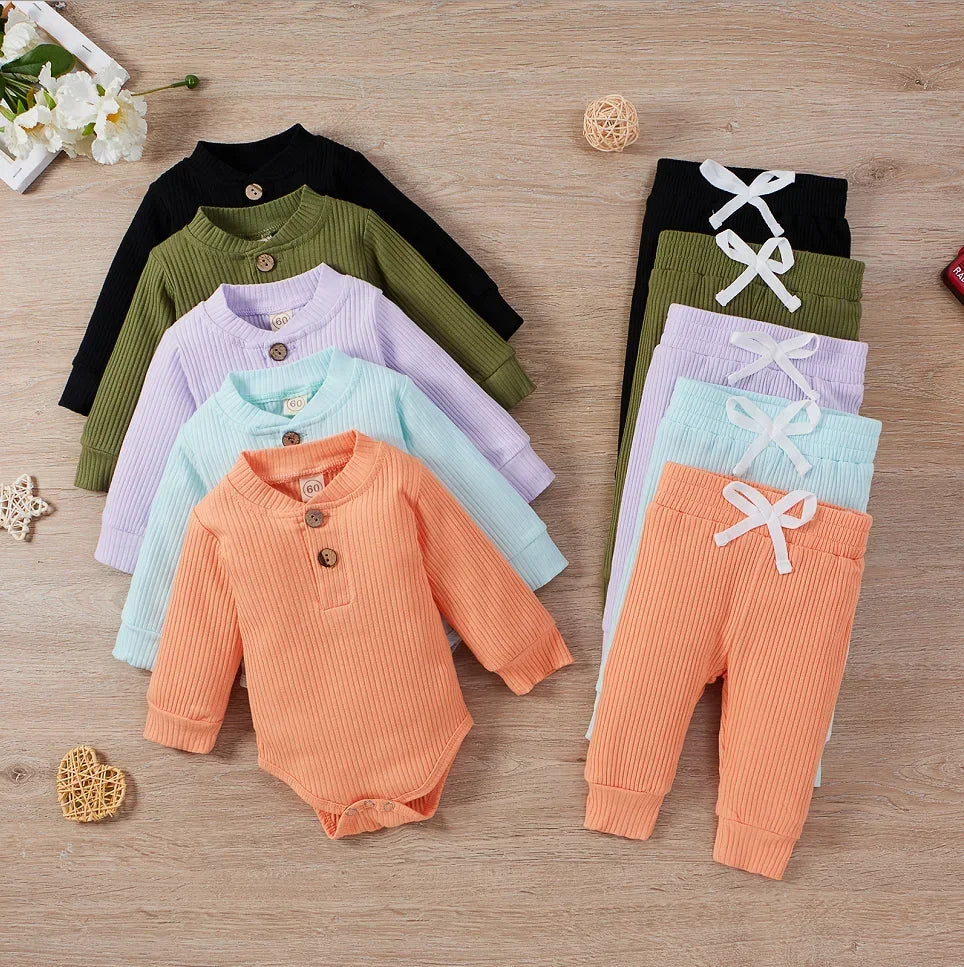 Unisex Newborn 2 Piece Long Sleeve Bodysuit And Elastic Pants Set Spring Autumn