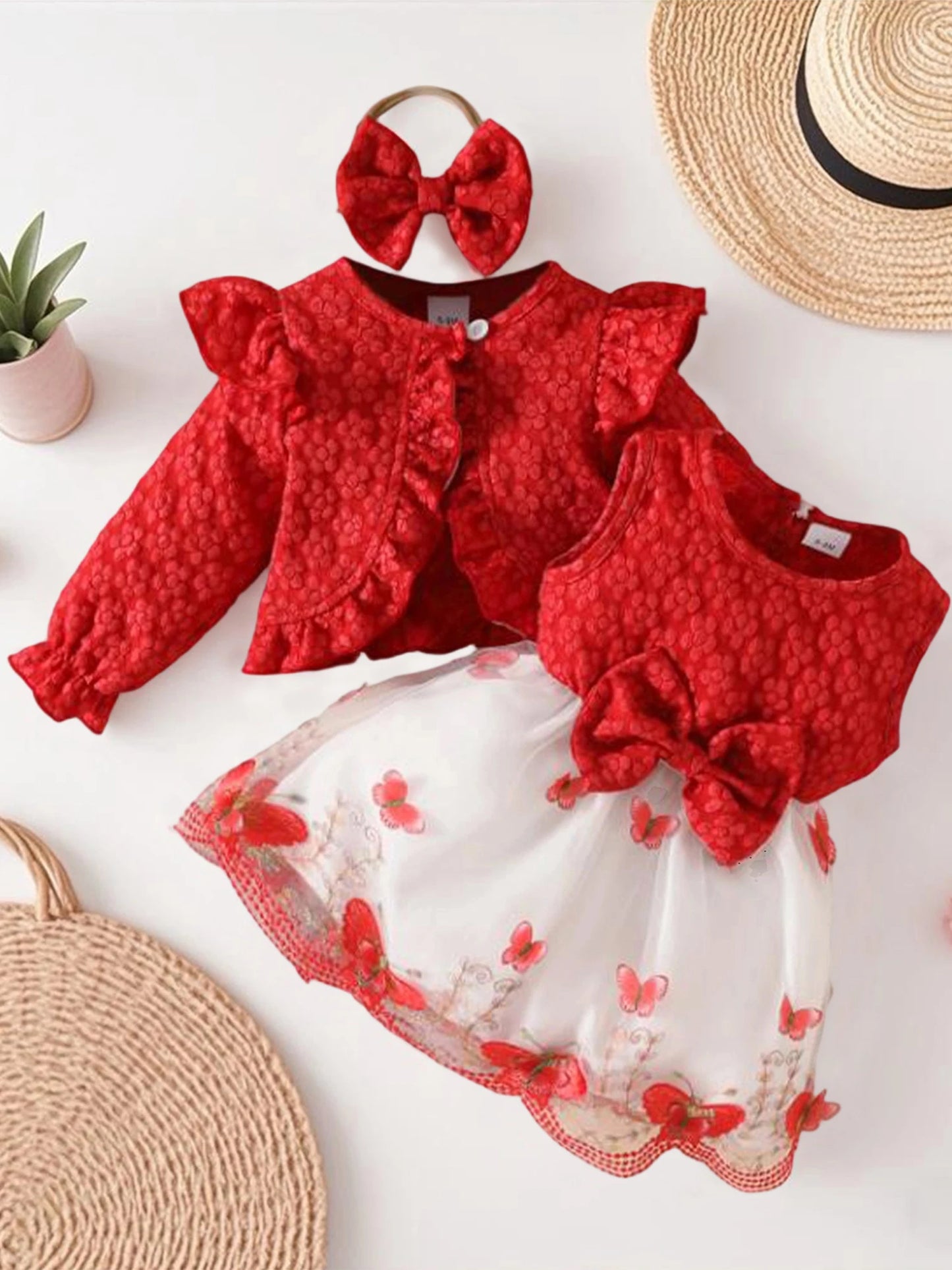 Baby Girl Autumn 3Pcs Outfit Set Ruffle Sleeve Romper Cardigan Bow Headband