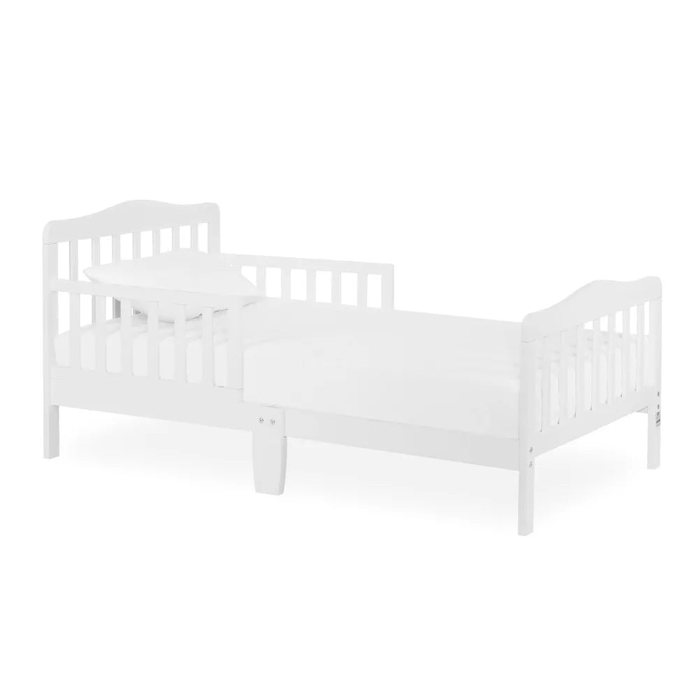 Classic Design Toddler Bed In White Low To Floor Design With Two Side Rails Non Toxic Finishes Wooden Nursery Furniture