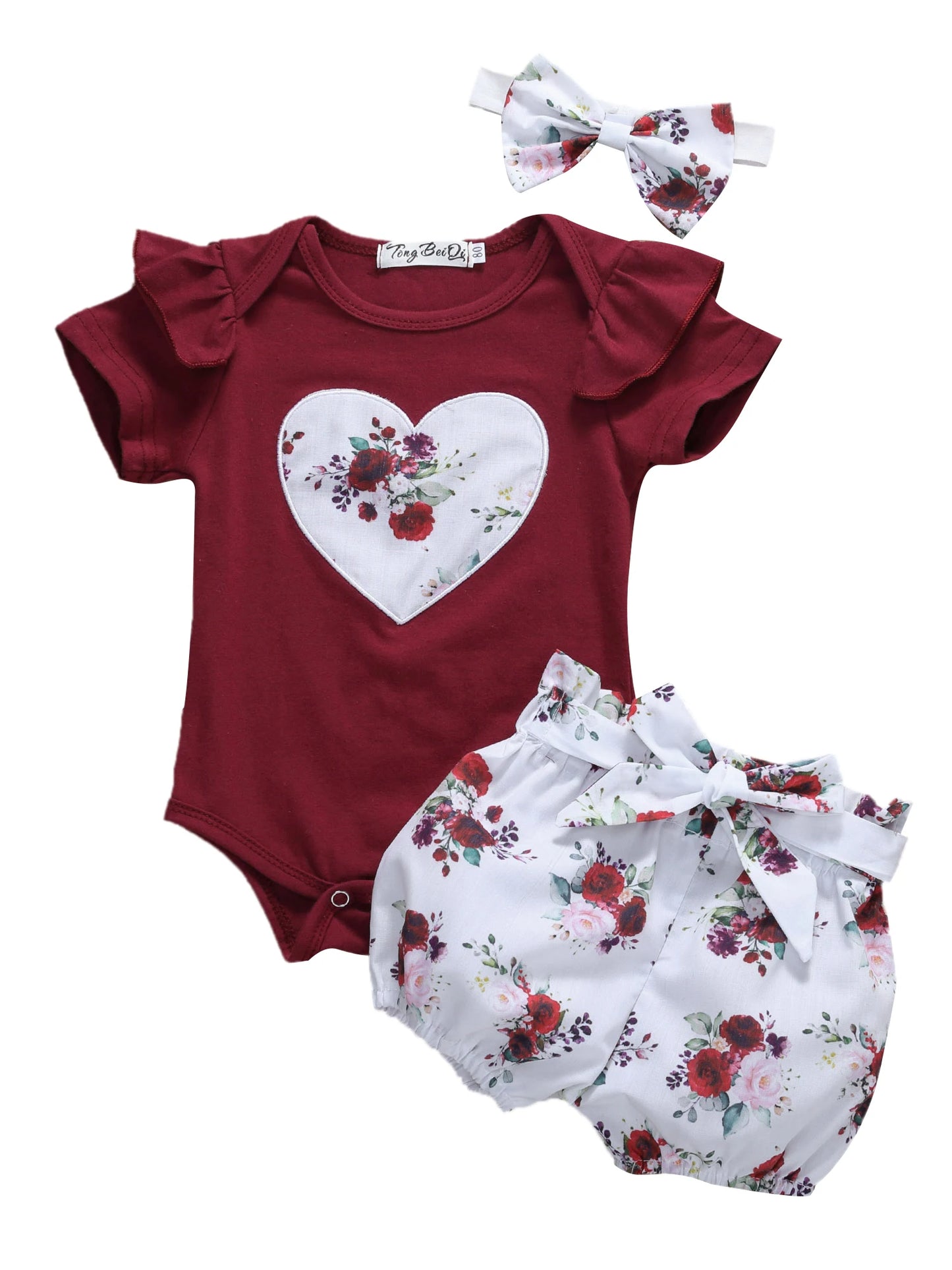 Adorable Baby Girls Summer Set Sleeveless Romper Ruffles Floral Print Shorts Matching Bow Headband 3 Piece Outfit