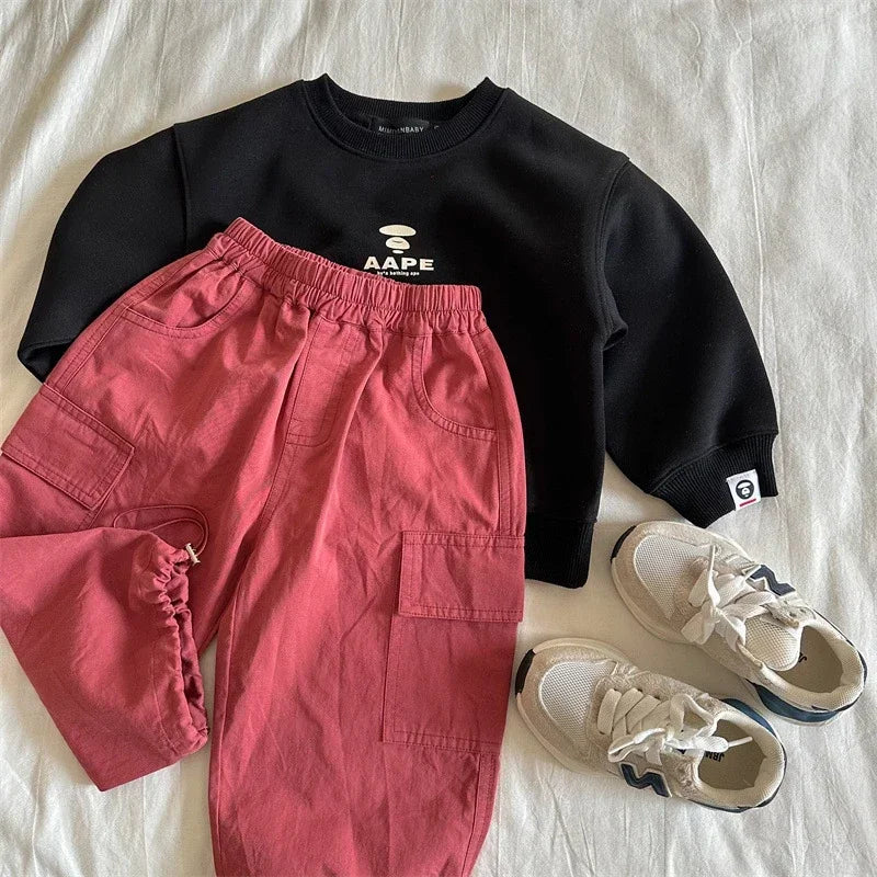 Unisex Kids Cargo Ankle Pants Cotton Loose Fit With Pockets