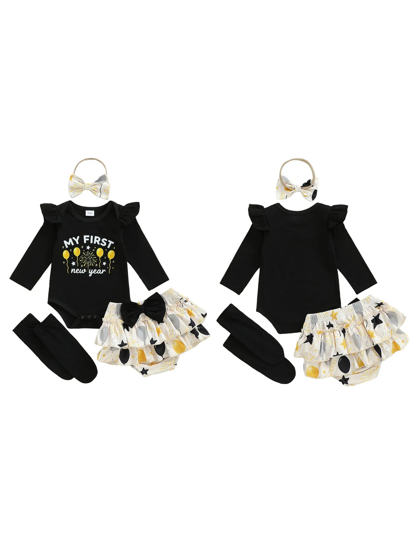 Adorable Baby Girl New Year Jumpsuit Set With Balloon Letter Print Headband