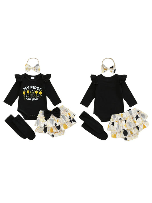 Adorable Baby Girl New Year Jumpsuit Set With Balloon Letter Print Headband