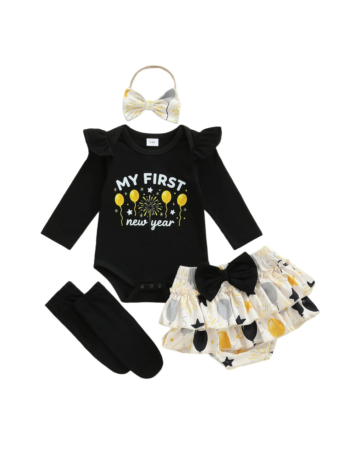 Adorable Baby Girl New Year Jumpsuit Set With Balloon Letter Print Headband