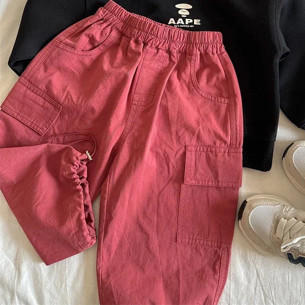 Unisex Kids Cargo Ankle Pants Cotton Loose Fit With Pockets