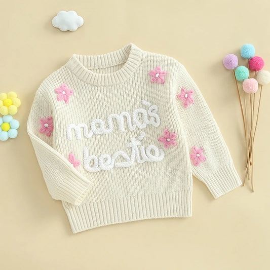 Cute Baby Girls Knit Sweater Floral Embroidery Cozy Sleeves