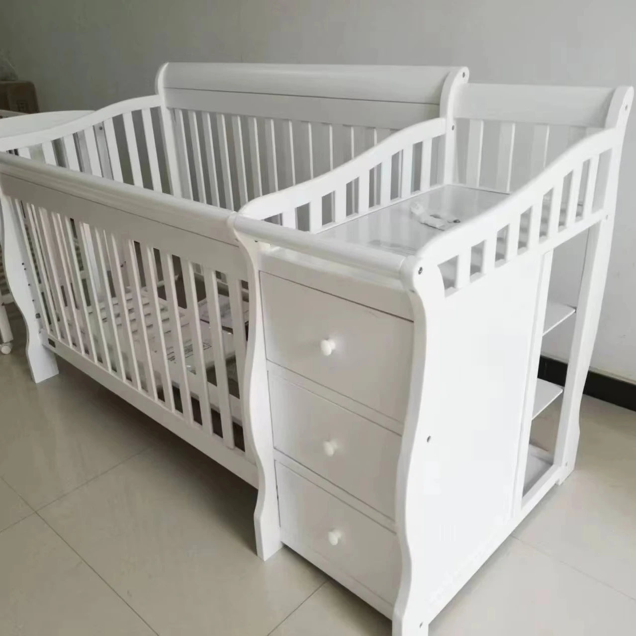 Kids Baby Cot Bed with Drawers and Diaper Hanging Storage Crib