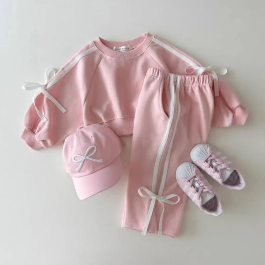 Korean Style 1-5Y Girl Autumn 2-Piece Cotton Tracksuit Bow Raglan Sweatshirt Set