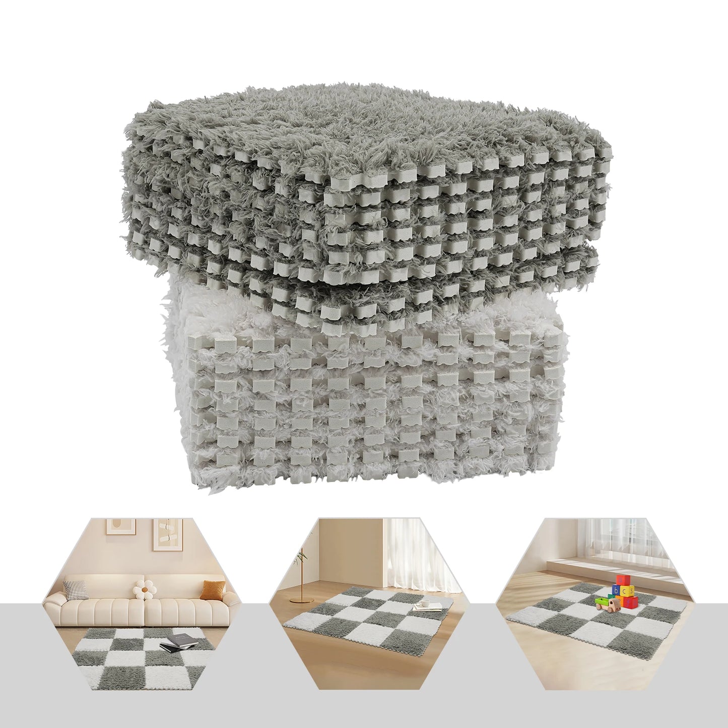Fluffy Square Rugs 16Pcs Gray White Floor Mats For Kids