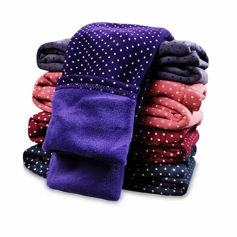 Velvet Dot Leggings For Girls Winter Cotton Stretch Elastic Waist Slim Pants