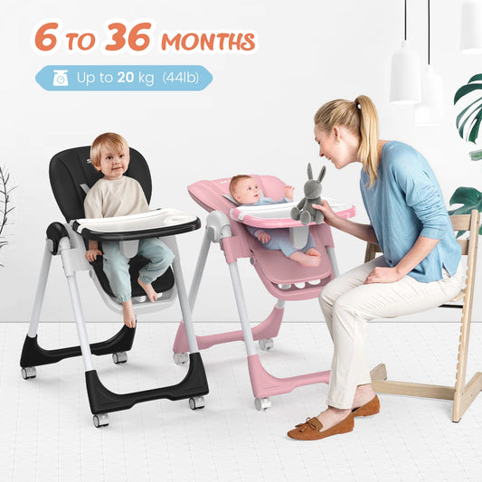 Sejoy Adjustable Baby High Chair with 5 Point Harness 3 Tier Tray and Wheels CE CPC Certified Children's Dining Chair