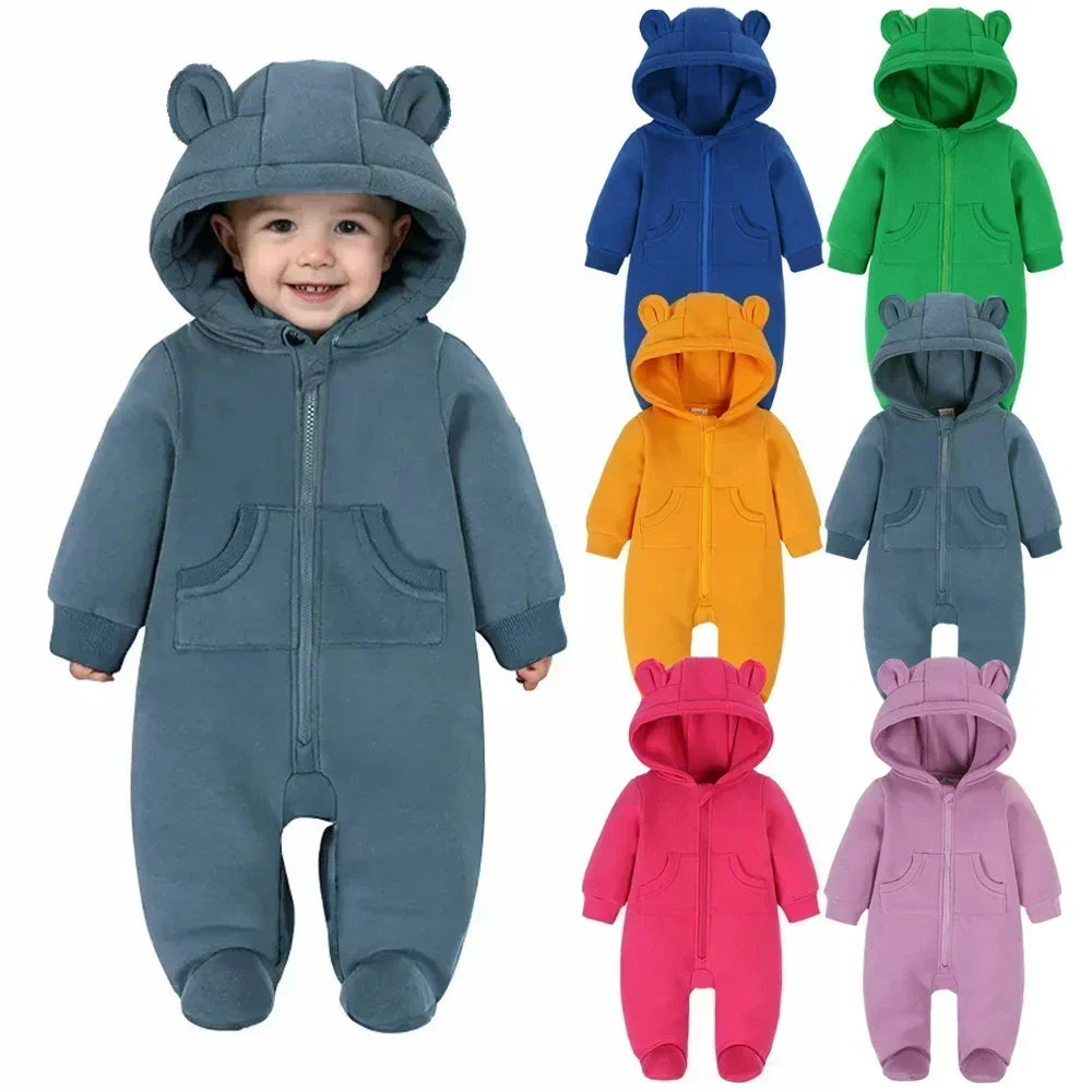 Winter Warm Newborn Romper 0-24M Hooded Bear Pocket Bodysuit Korean Style Unisex