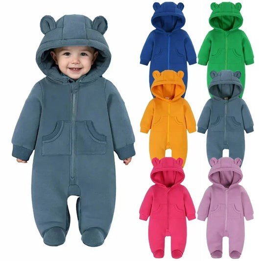 Winter Warm Newborn Romper 0-24M Hooded Bear Pocket Bodysuit Korean Style Unisex