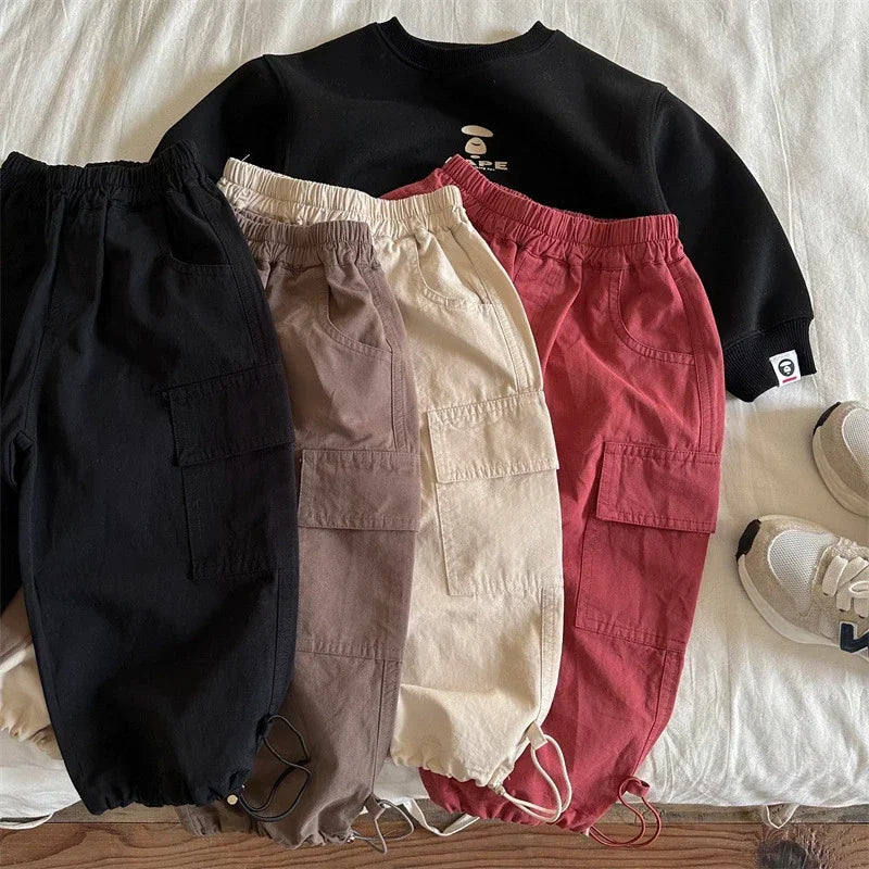 Unisex Kids Cargo Ankle Pants Cotton Loose Fit With Pockets