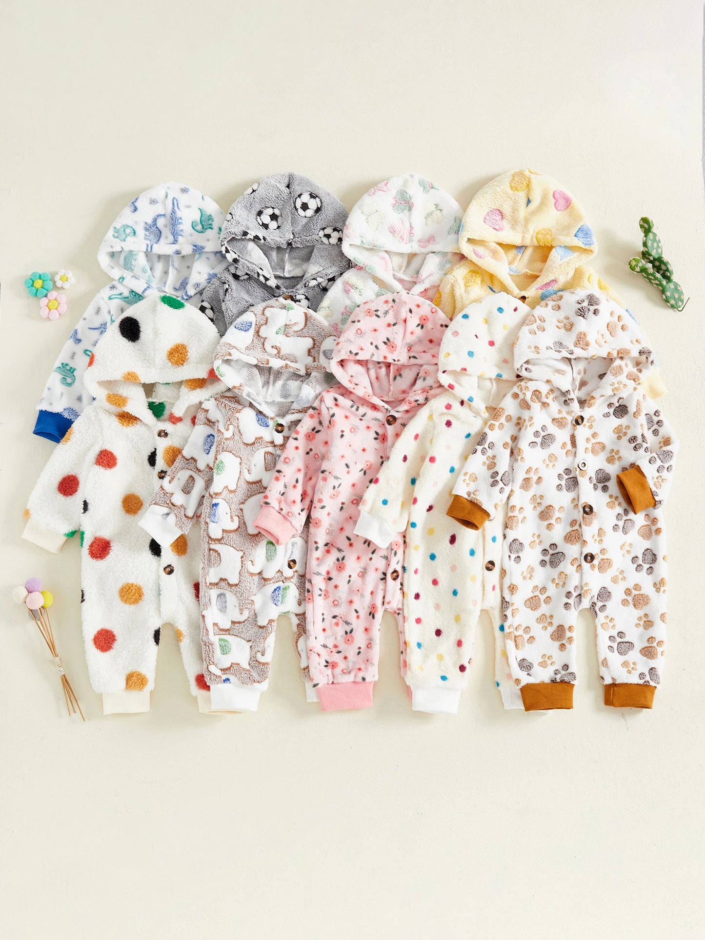 Adorable Baby Hooded Fleece Romper Unisex Animal Print Long Sleeve Winter Outfit