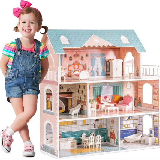 Robotime Robud Lady Wooden Dollhouse 3 Story with Balcony 28 Accessories Toy Gift for Girls Age 3 Years and Up