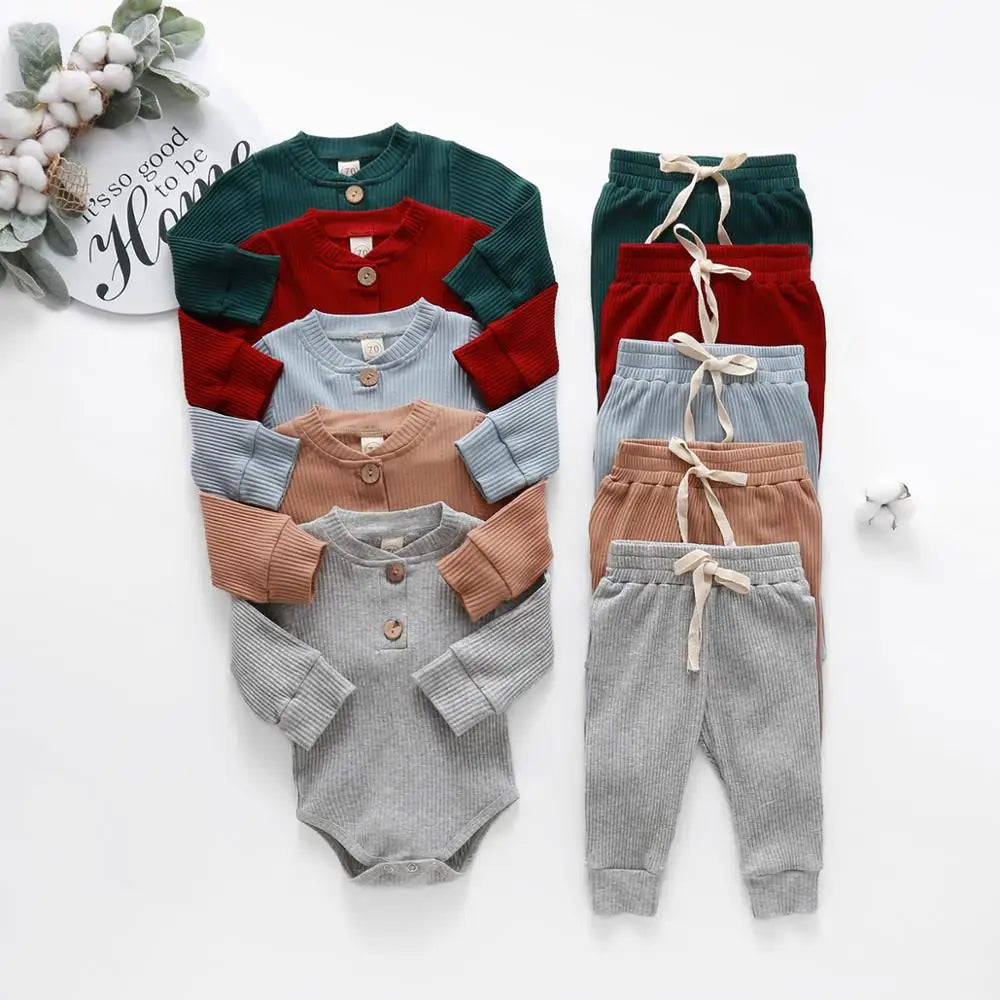 Unisex Newborn 2 Piece Long Sleeve Bodysuit And Elastic Pants Set Spring Autumn