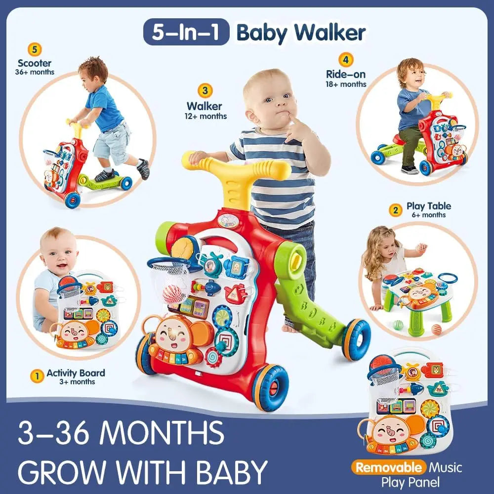 VATOS Baby Walker 5 in 1 Sit to Stand Learning Scooter Balance Bike Push Walker Table Toys for Toddlers and Infants with Music
