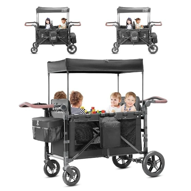 4 Seater Wagon Stroller Foldable All Terrain Quad Wagon Canopy Detachable Tray