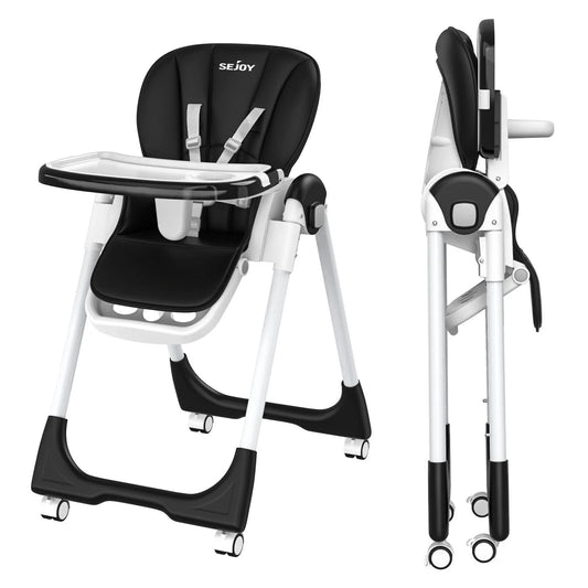 Sejoy Adjustable Baby High Chair with 5 Point Harness 3 Tier Tray and Wheels CE CPC Certified Children's Dining Chair