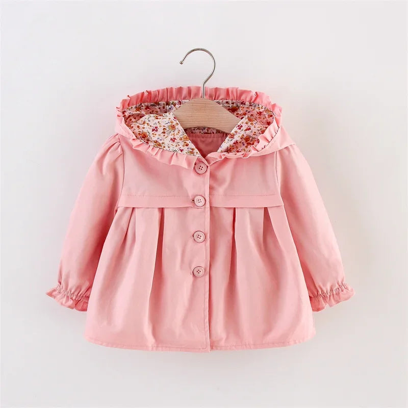 Newborn Baby Girl Hooded Spring and Autumn Solid Color Windbreaker Jacket